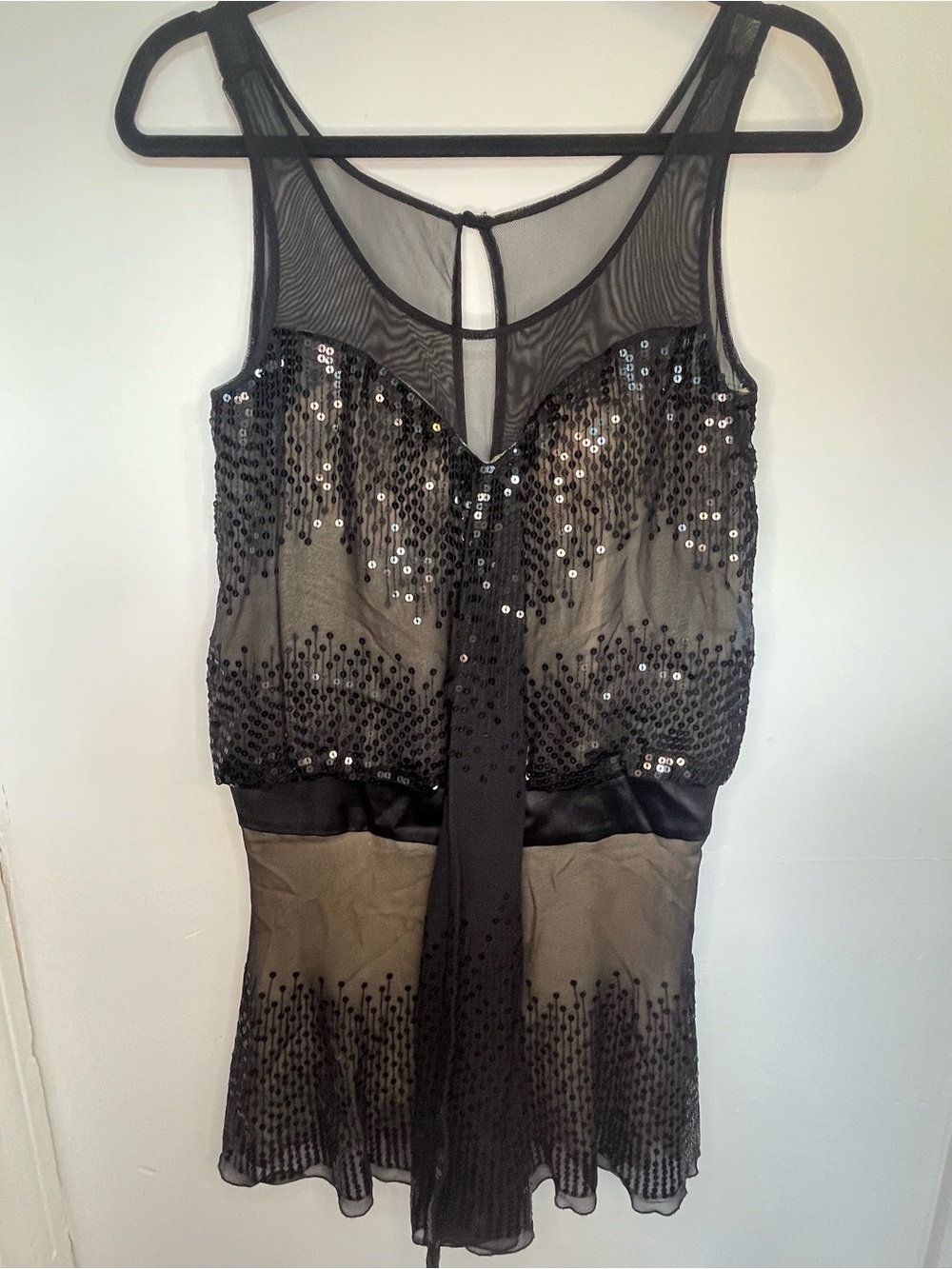 Bebe Black Sequin Mesh Mini Dress XS Drop Waist Blouson Flapper Cocktail
